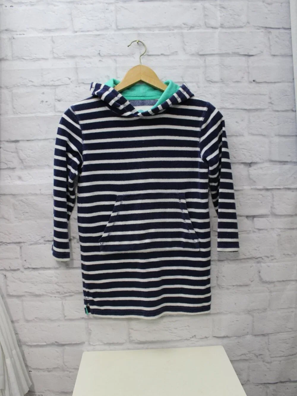 Mini Boden Girls Navy Striped Terry Cloth Hoodie Cover Up 7-8Y Summer Pool Beach